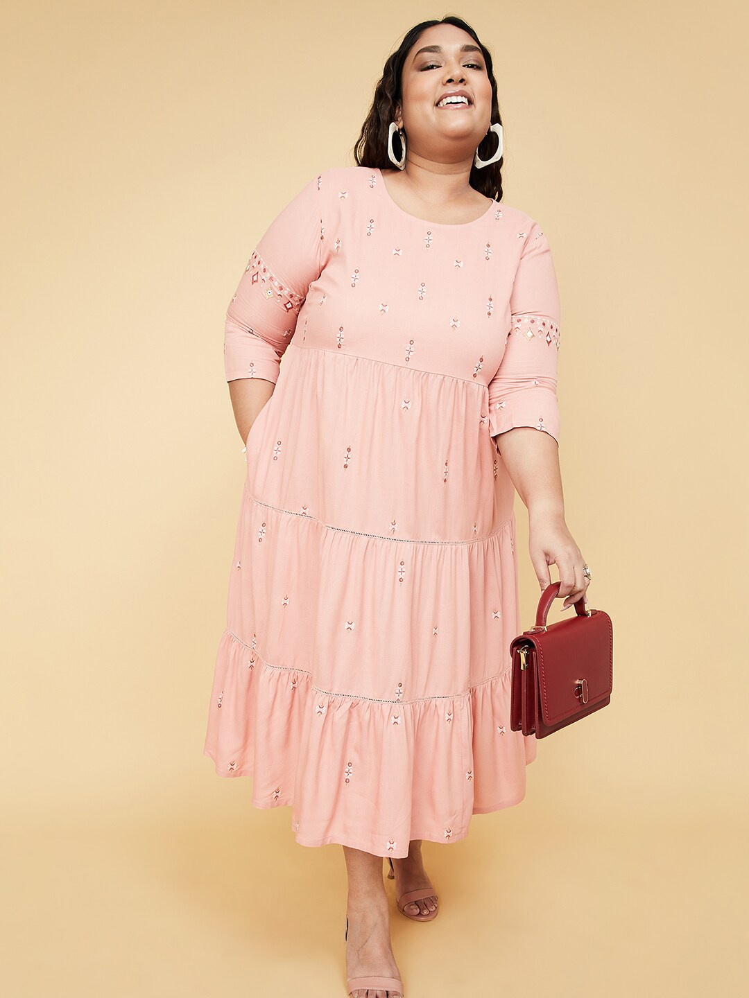

max Plus Size Ethnic Motifs Embroidered A-Line Midi Dress, Pink