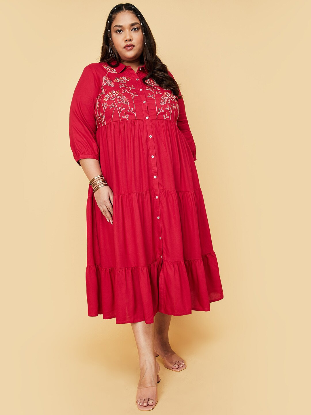 

max Plus Size Floral Embroidered A-Line Midi Dress, Fuchsia