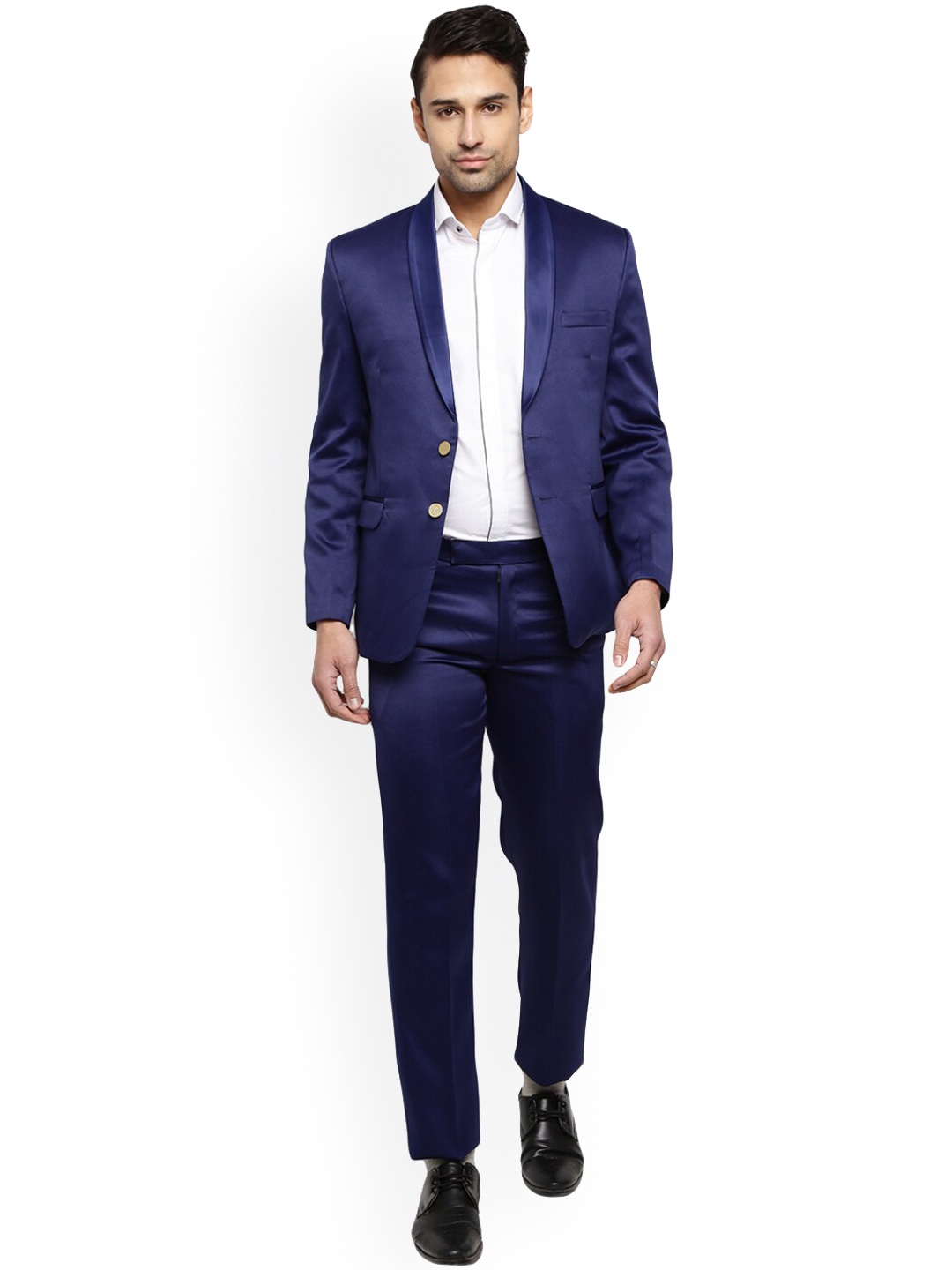 

V-Mart Men Shawl Collar Single-Breasted Two-Piece Cotton Suit, Blue