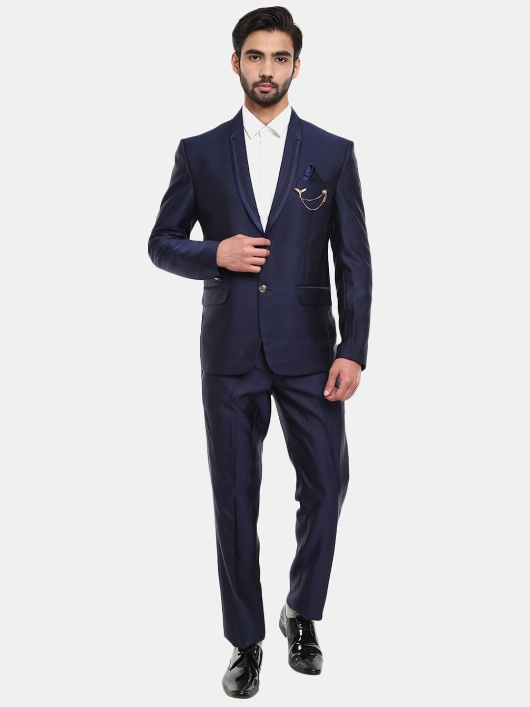 

V-Mart Men Shawl Collar Single-Breasted Two-Piece Cotton Suit, Navy blue