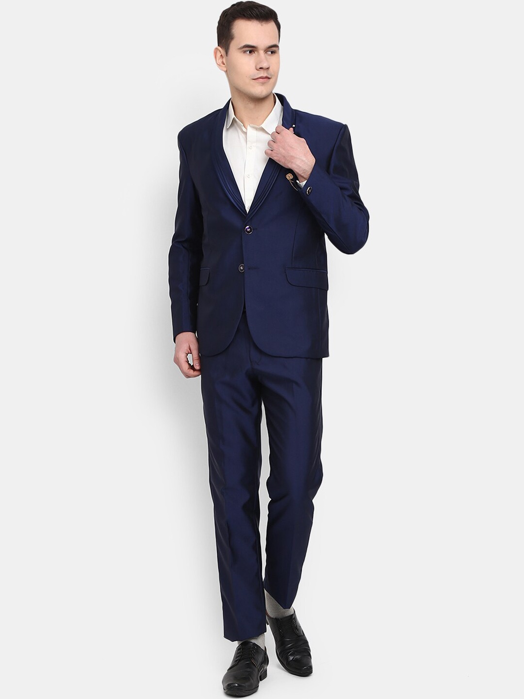 

V-Mart Men Single-Breasted Two-Piece Shawl Collar Cotton Suit, Blue