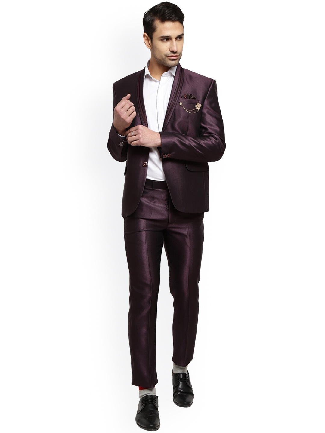 

V-Mart Men Single-Breasted Two-Piece Shawl Collar Cotton Suit, Purple