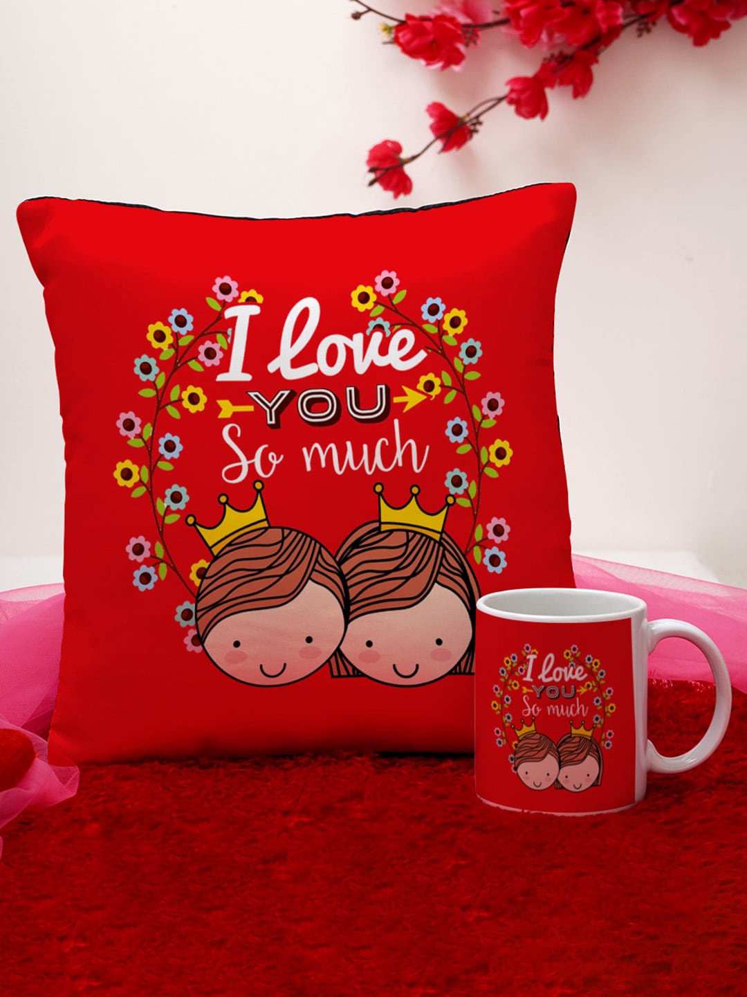 

Crazy Corner Red & Pink Set of 2 Printed Cushion & Mug Valentine's Day Gift Set