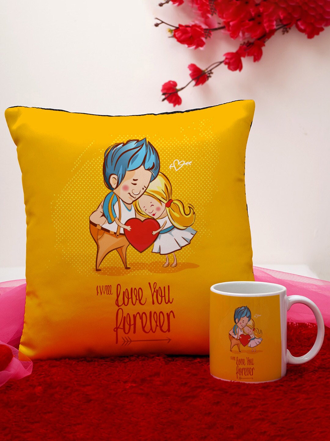 

Crazy Corner Yellow Set of 2 Printed Cushion & Mug Valentine's Day Gift Set