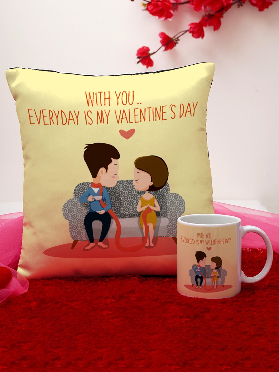 

Crazy Corner Yellow & White 2 Pcs Printed Cushion & Mug Valentine's Day Gift Set