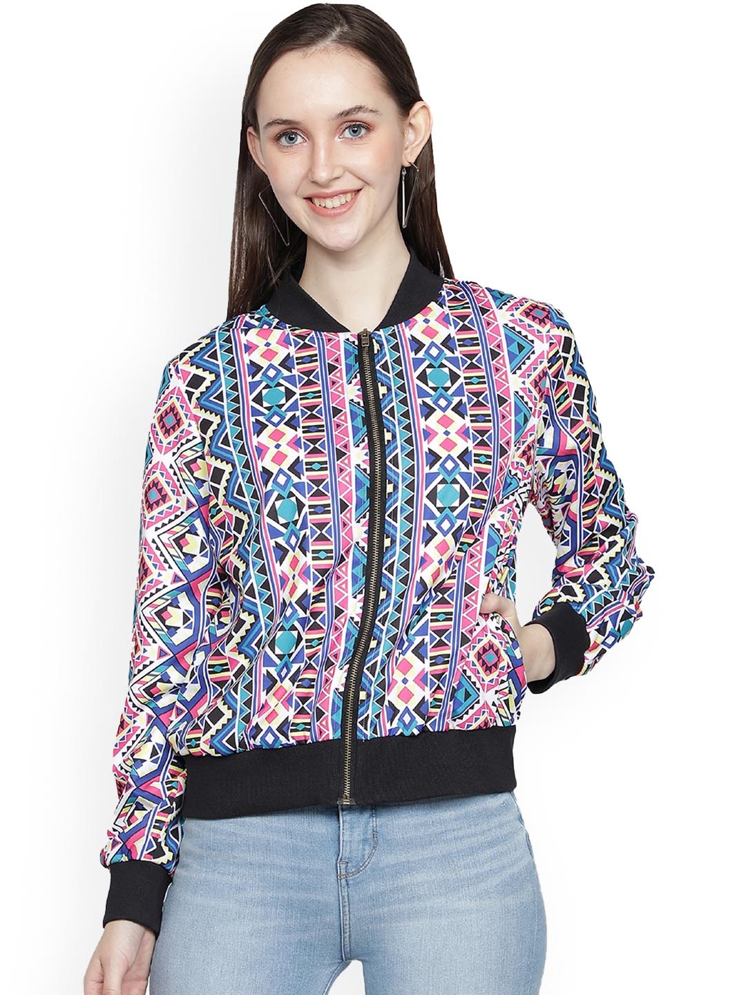 

NUEVOSDAMAS Women Floral Crop Bomber Jacket, Blue