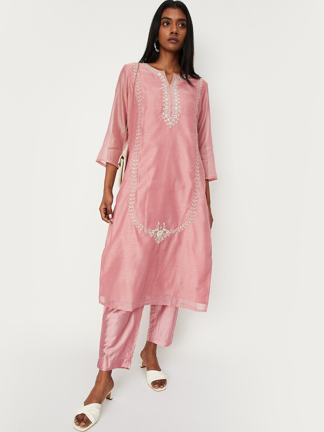 

max Women Ethnic Motifs Embroidered Sequinned Chanderi Cotton Kurta with Trousers, Pink