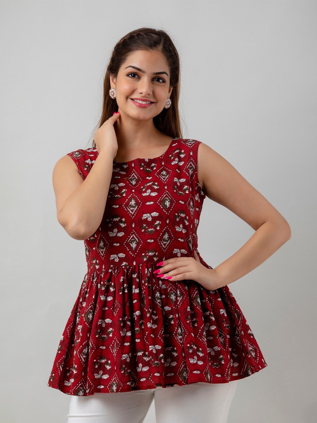 

Women Touch Print Peplum Cotton Top, Maroon