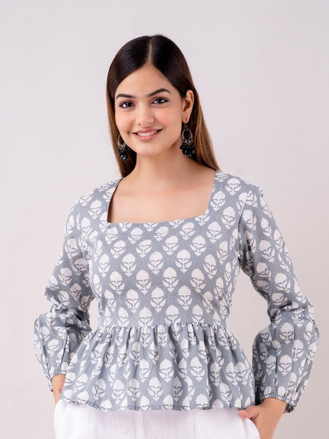 

Women Touch Floral Print Peplum Cotton Top, Grey