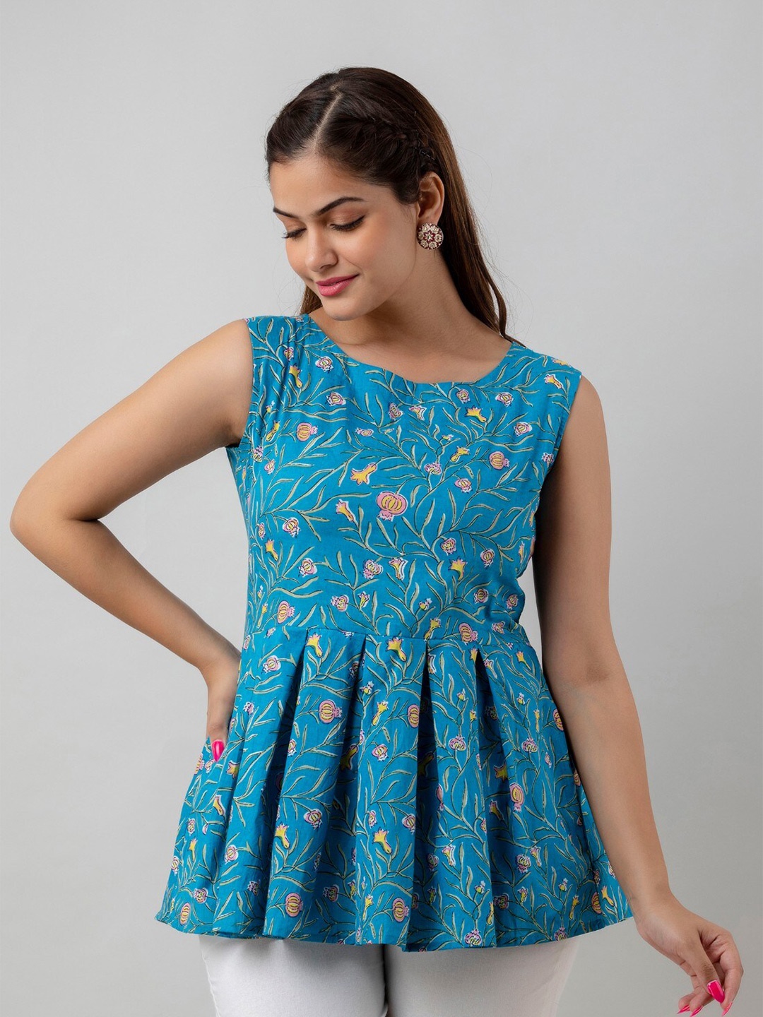 

Women Touch Floral Print Peplum Cotton Top, Blue