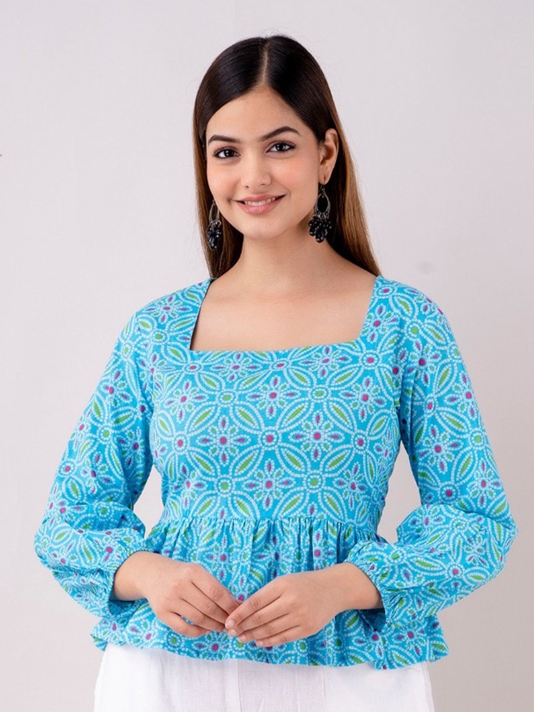 

Women Touch Print Peplum Cotton Top, Blue