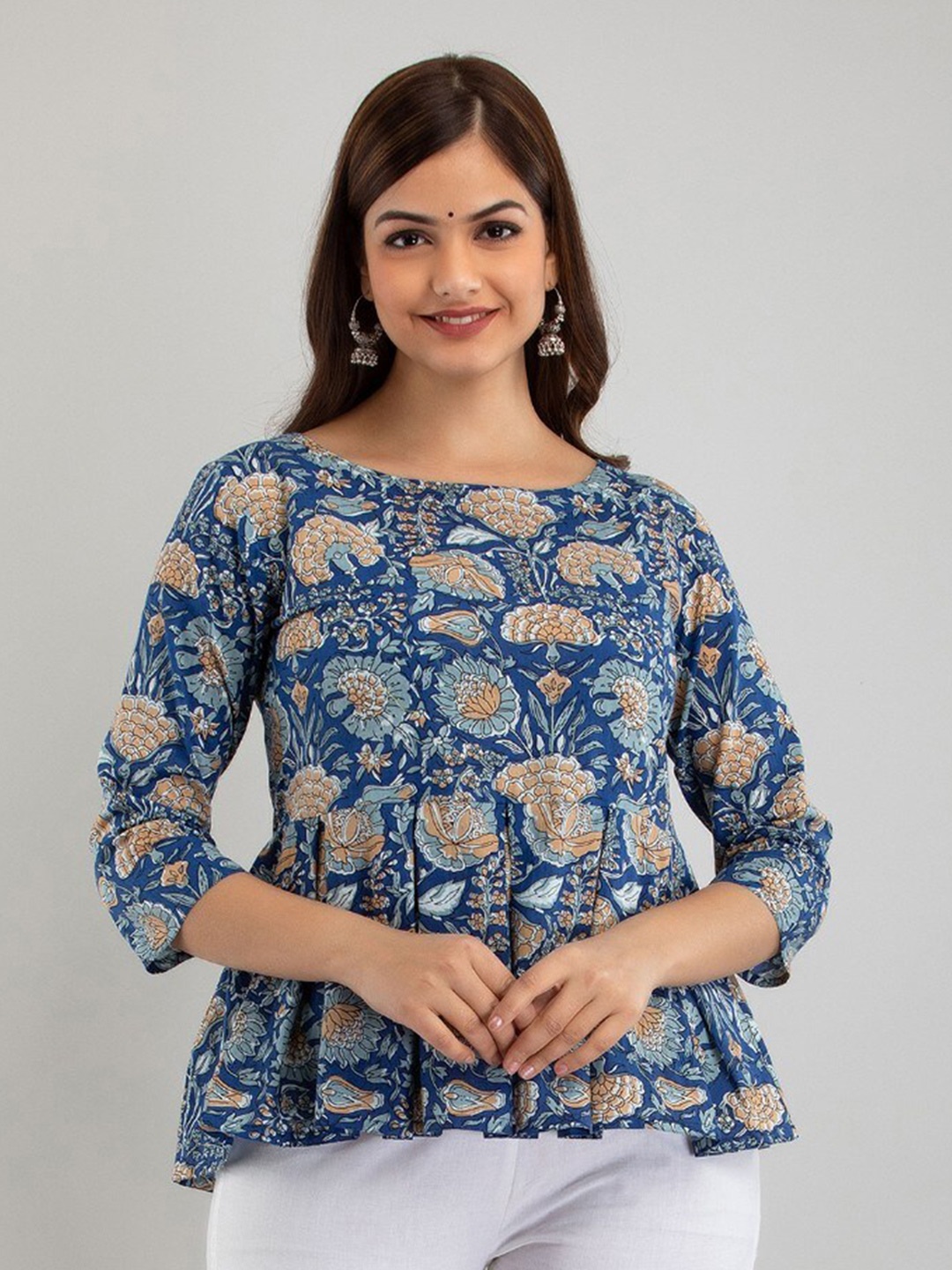 

Women Touch Floral Print Peplum Cotton Top, Blue