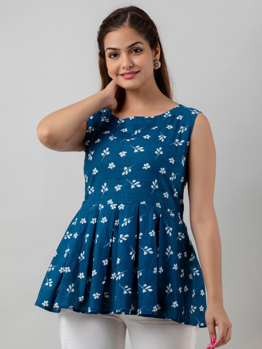 

Women Touch Floral Printed Peplum Top, Blue