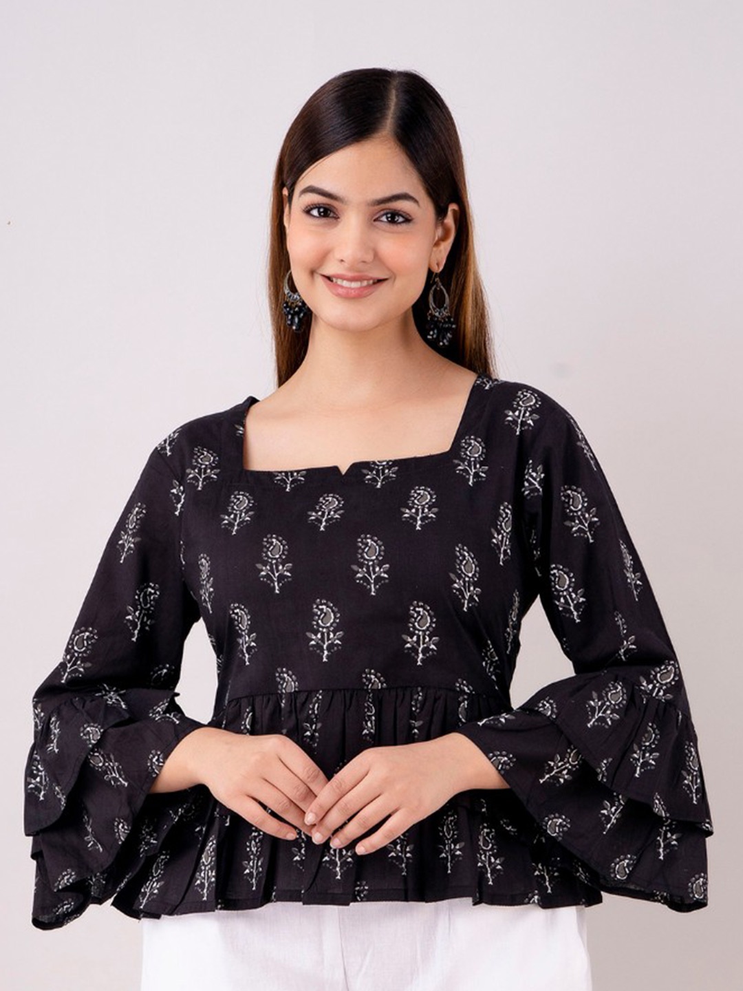 

Women Touch Printed Peplum Top, Black