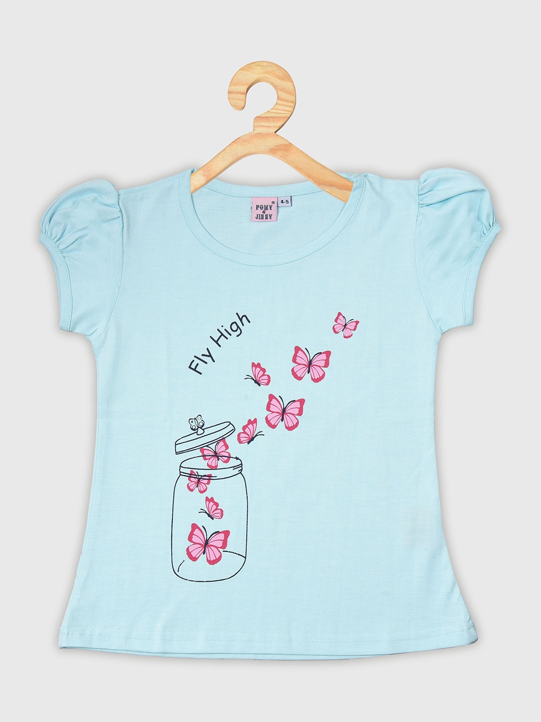 

POMY & JINNY Girls Printed Round Neck Puff Sleeves Cotton Top, Turquoise blue