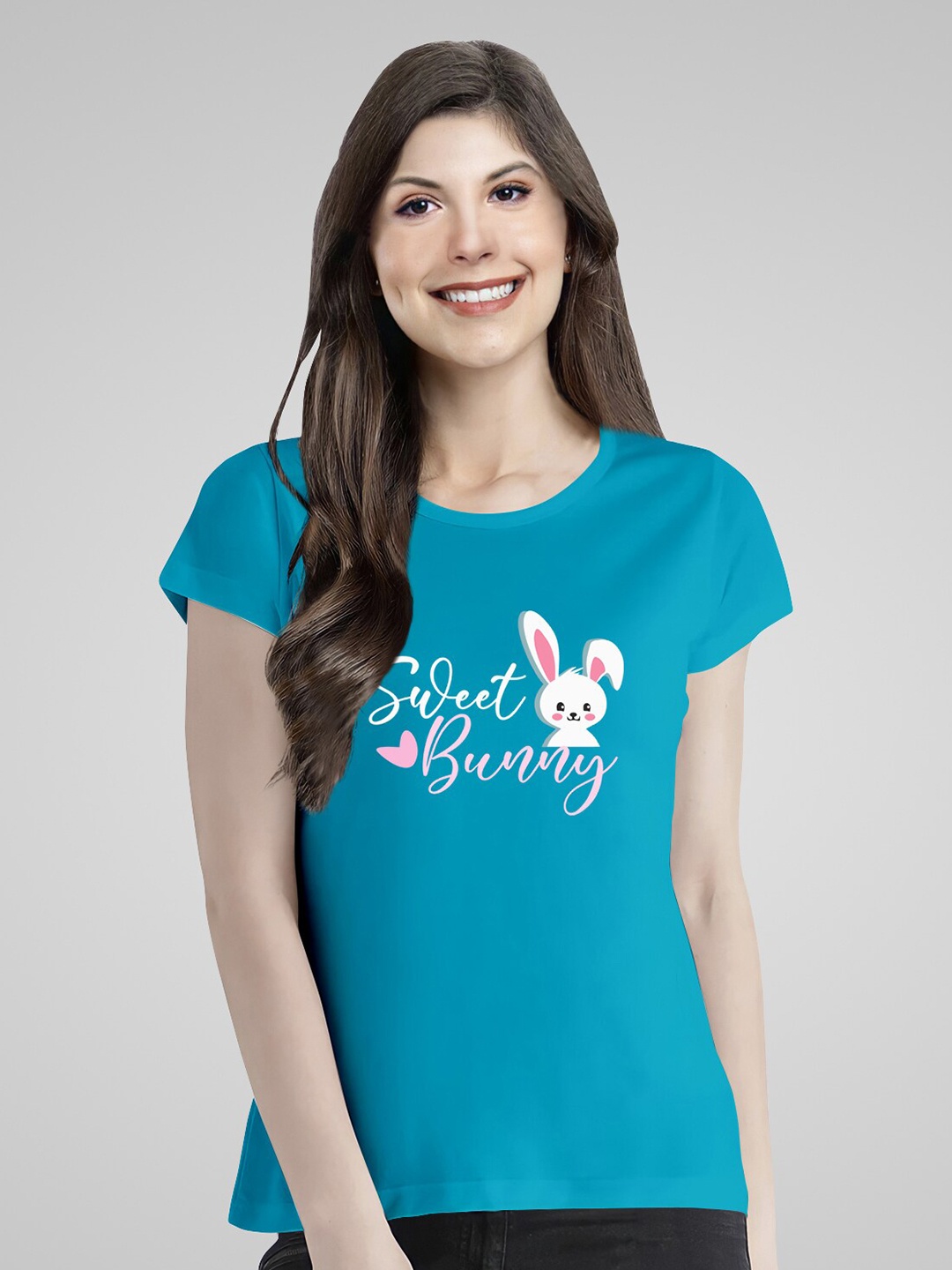 

Pootlu Women Typography Printed Round Neck Pure Cotton T-shirt, Turquoise blue