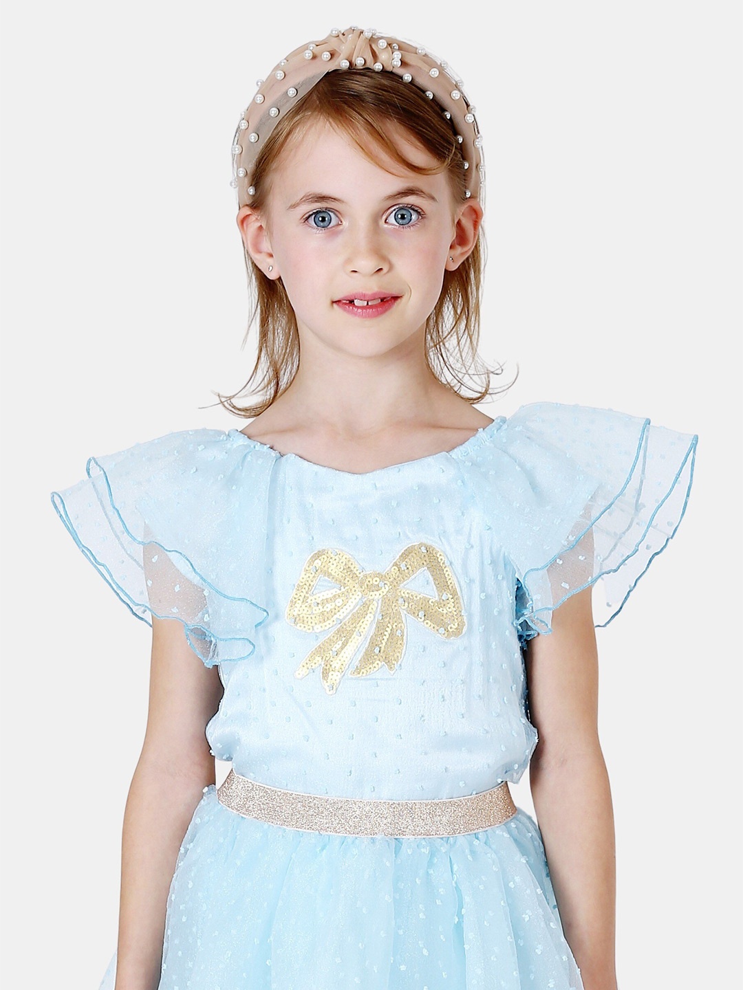 

One Friday Girls Round Neck Self Design Dress, Blue