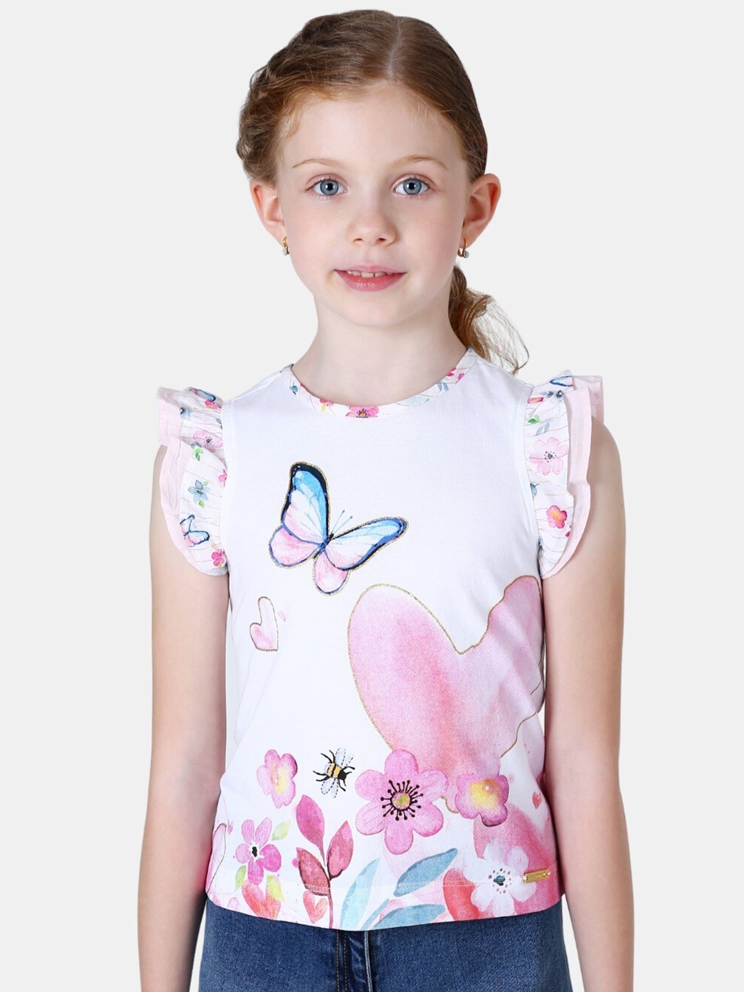 

One Friday Girls Floral Print Pure Cotton Top, Pink