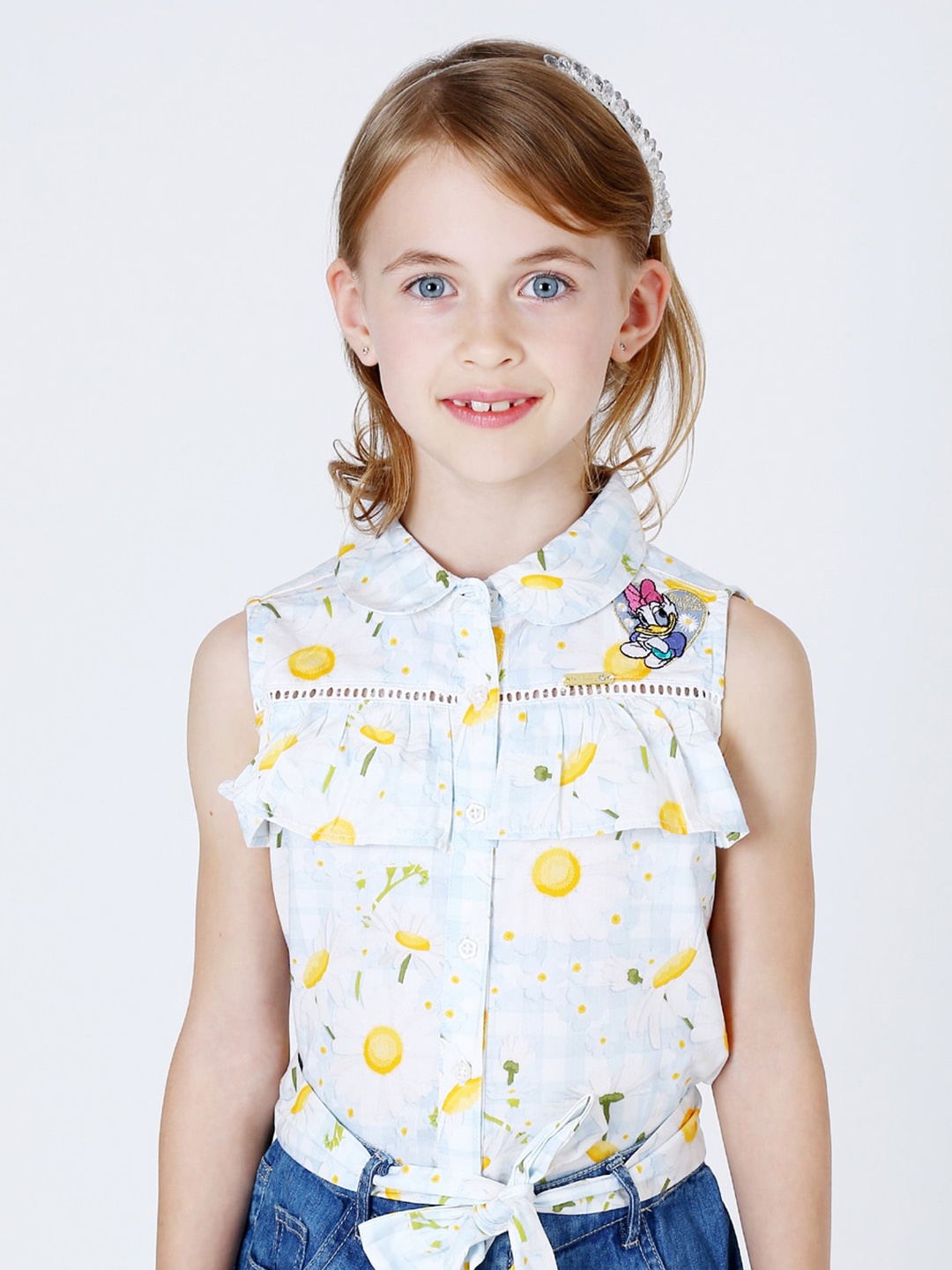 

One Friday Floral Printed Ruffles Shirt Style Pure Cotton Top, Blue