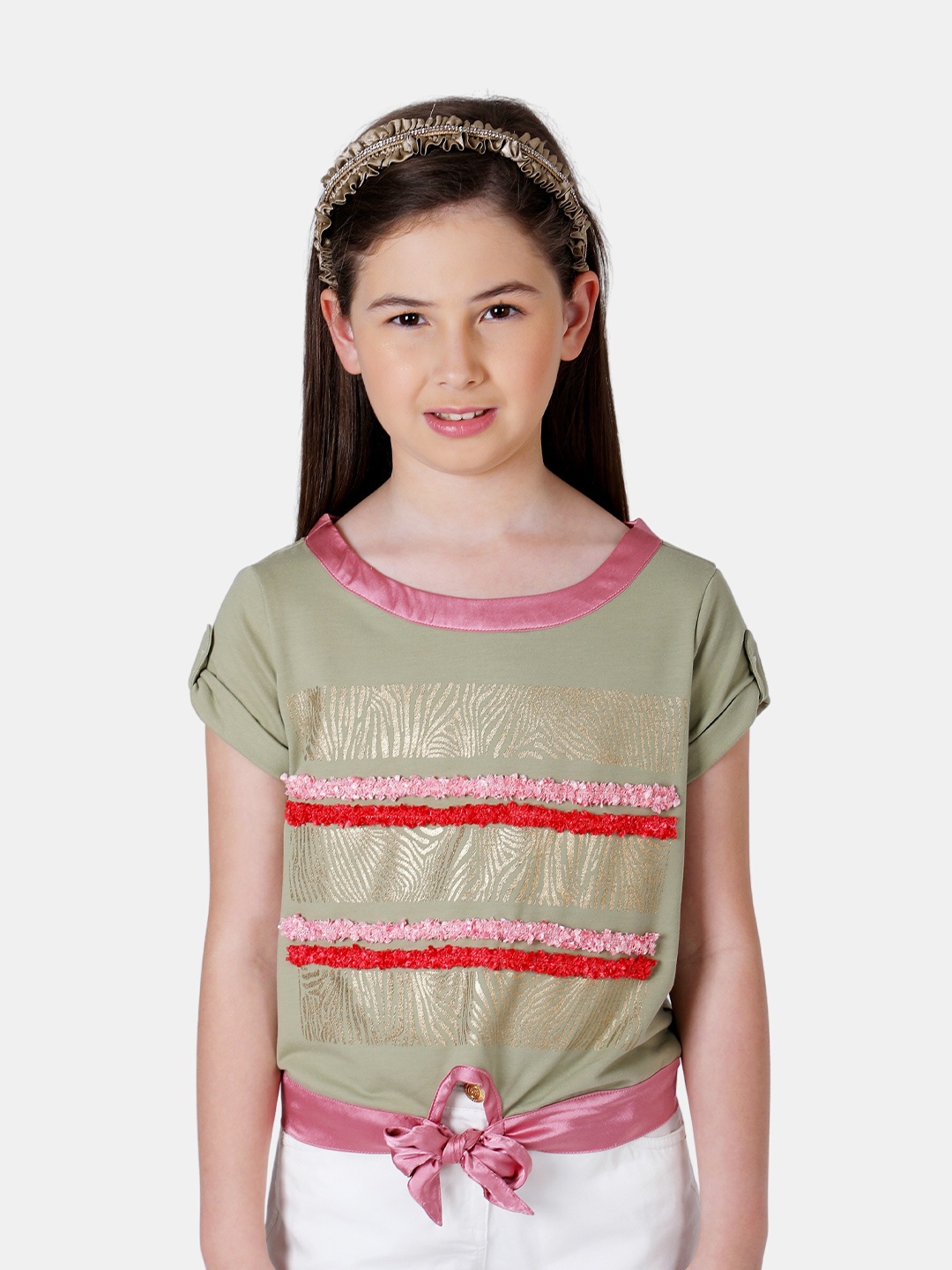 

One Friday Girls Embellished Cotton Ruffles Top, Green