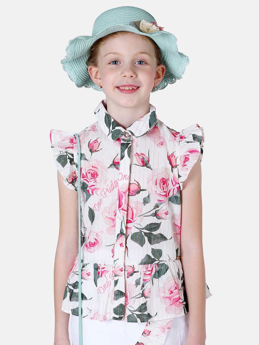 

One Friday Girls Floral Print Shirt Style Top, Off white