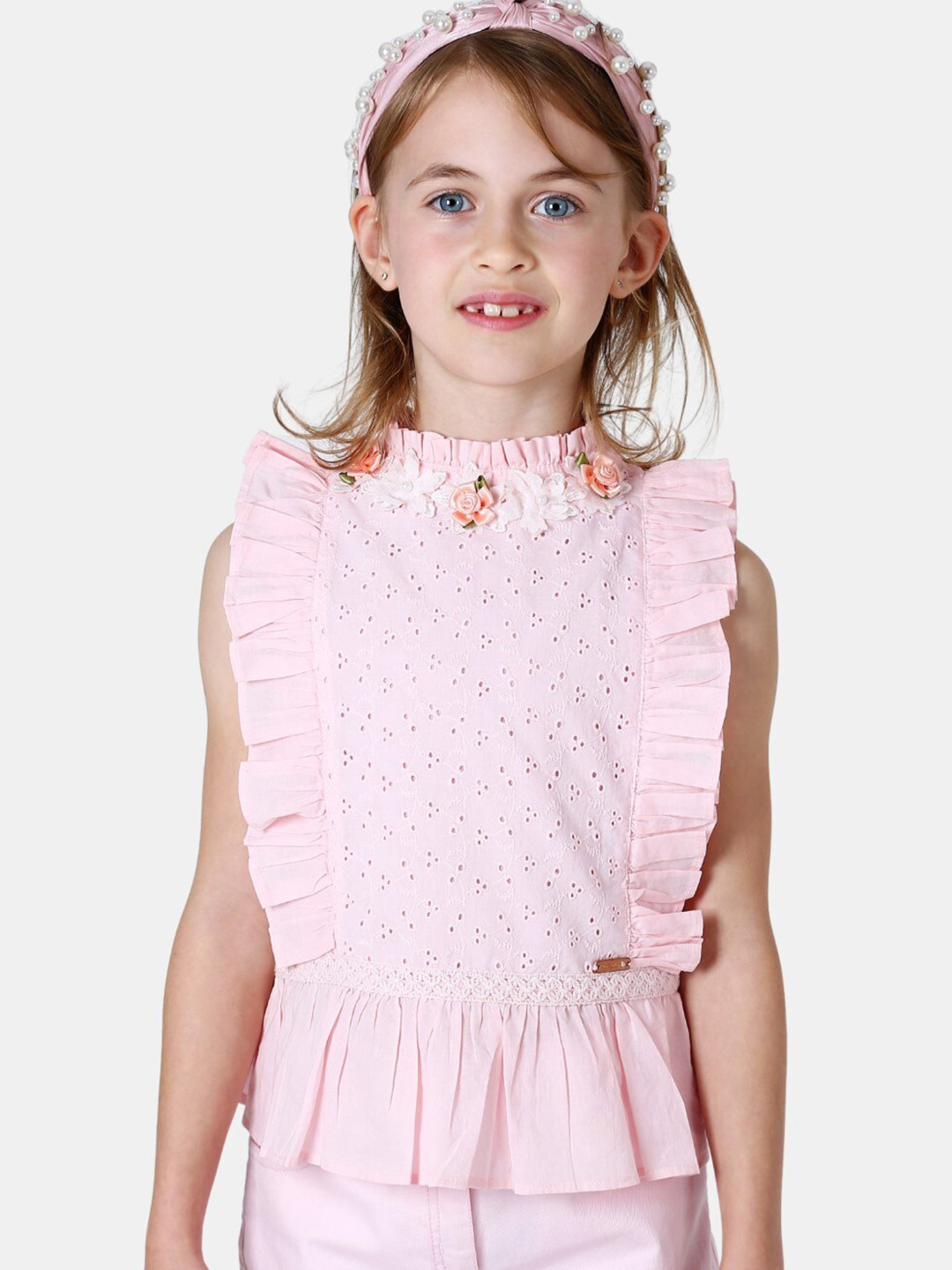 

One Friday Girls Self Design Ruffles Schiffli Pure Cotton Top, Pink