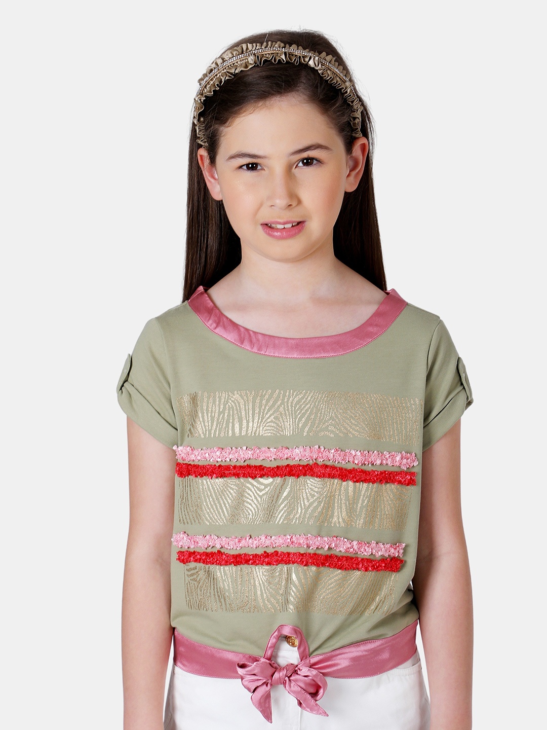 

One Friday Embellished Striped Top, Olive