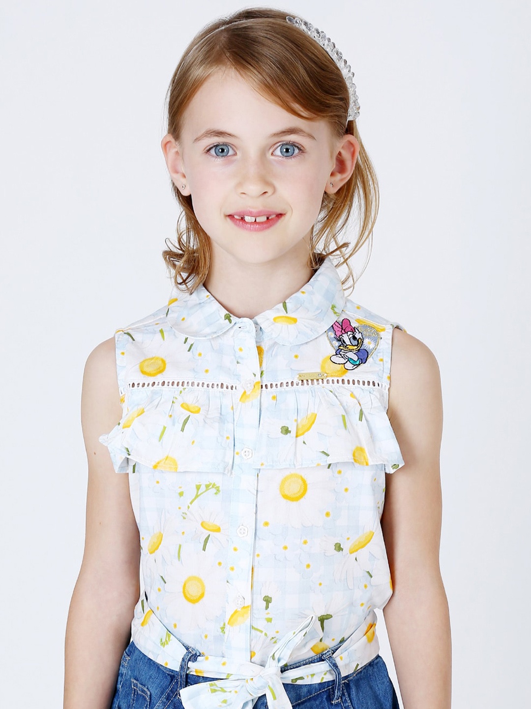 

One Friday Girls Floral Printed Shirt Style Pure Cotton Top, White