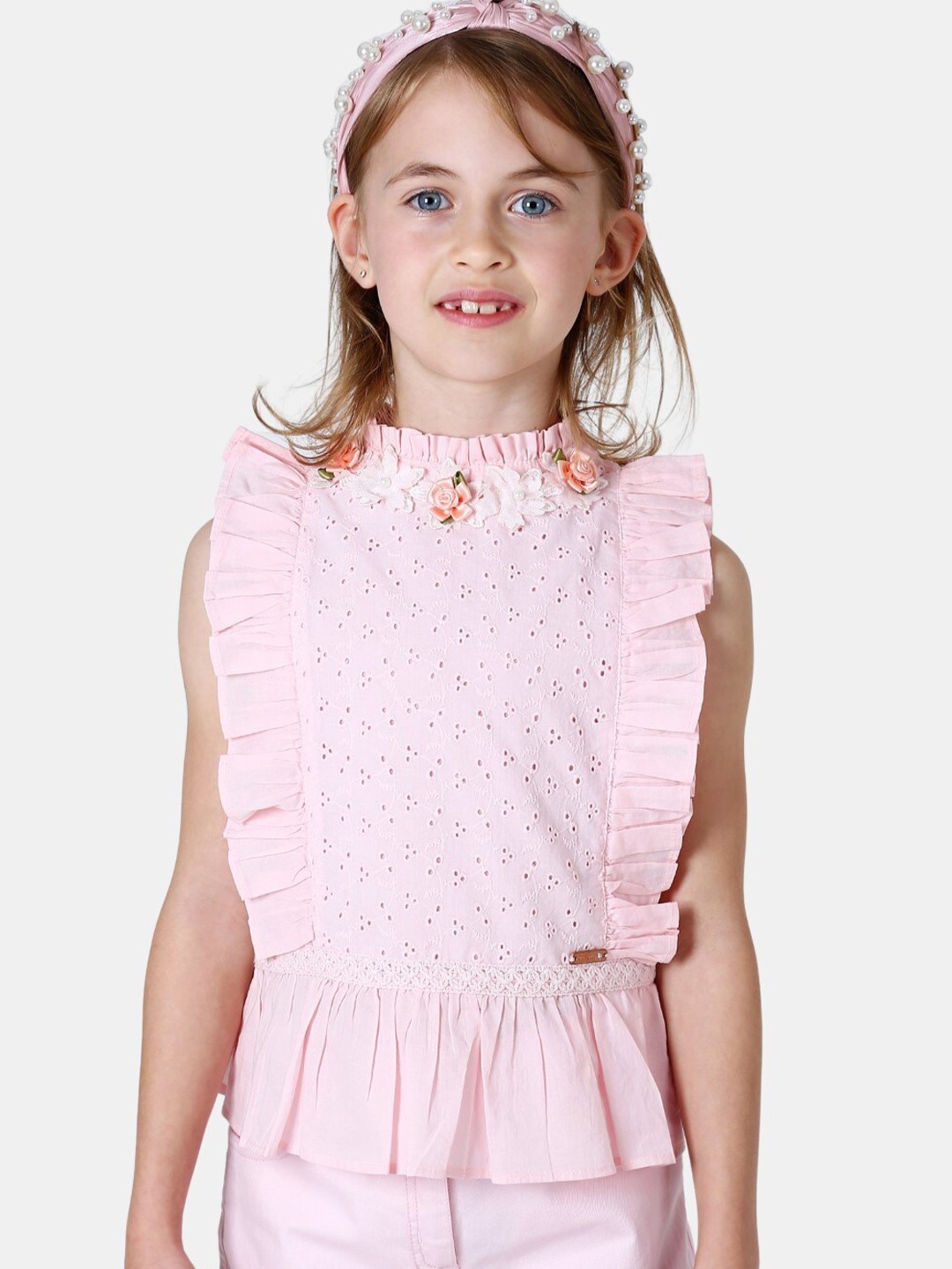 

One Friday Ruffles Schiffli Pure Cotton Top, Pink