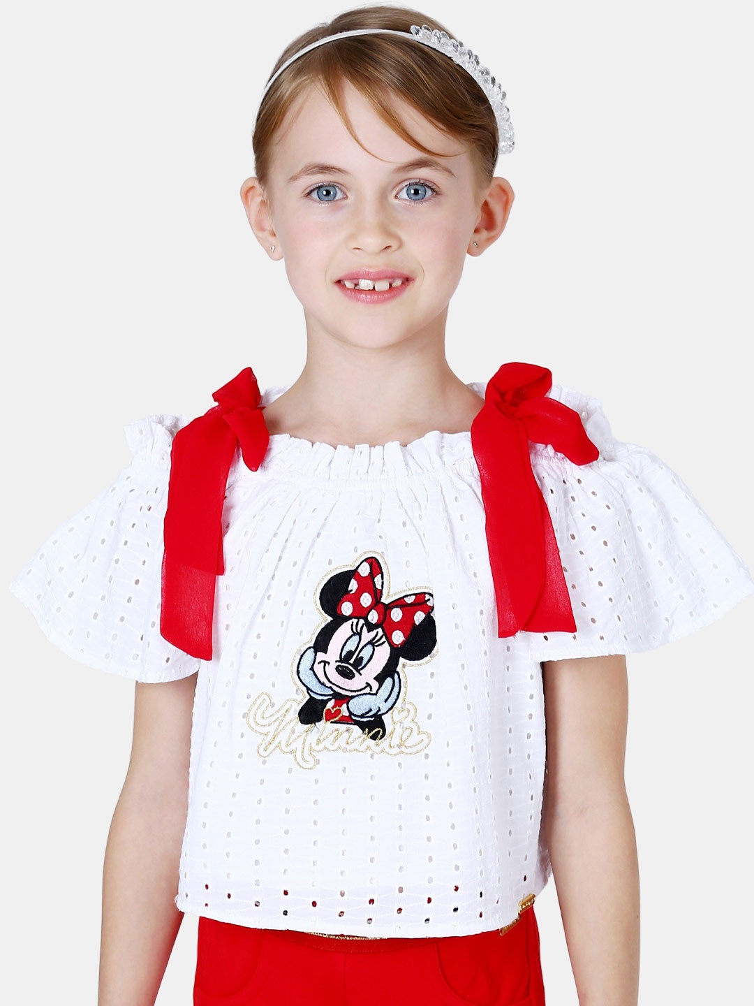 

One Friday Tie-Ups Schiffli Minnie Mouse Pure Cotton Top, White