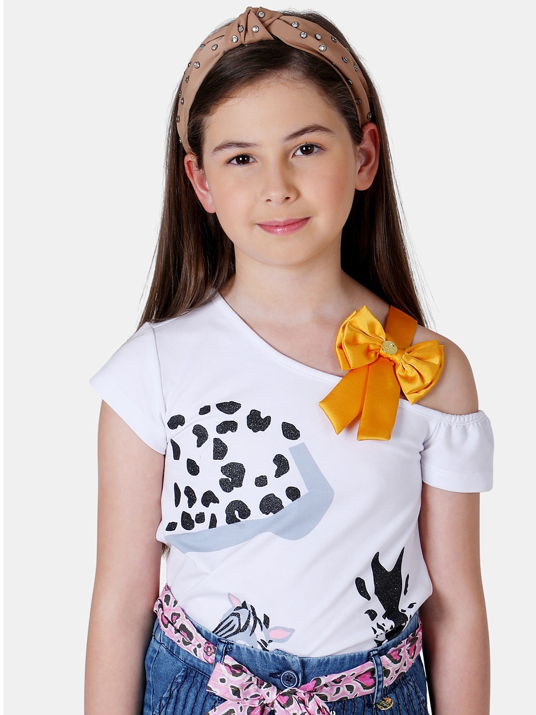 

One Friday Girls Printed One Shoulder Top, White