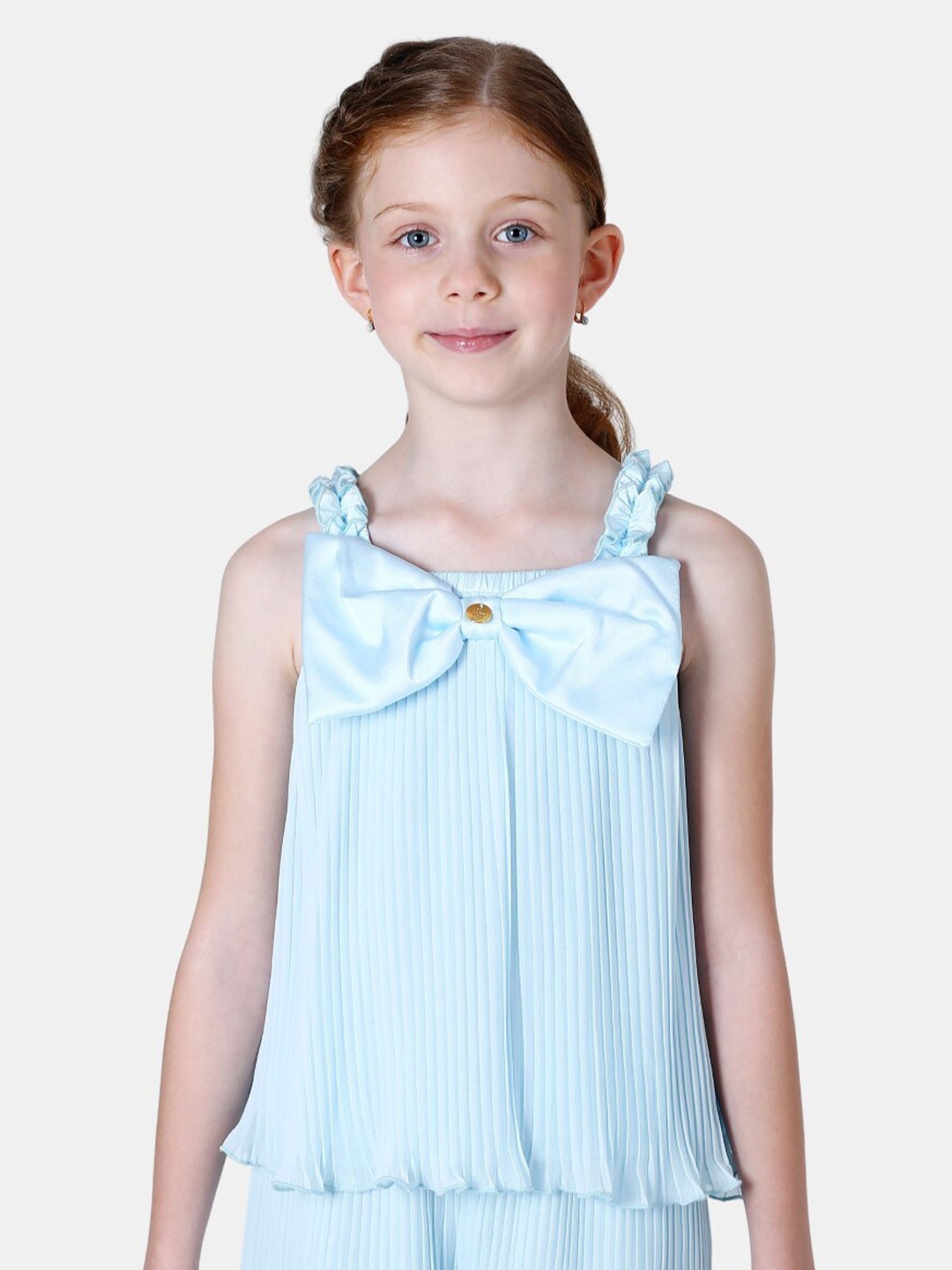 

One Friday Girls Shoulder Straps Accordion Pleats Top With Bow, Blue