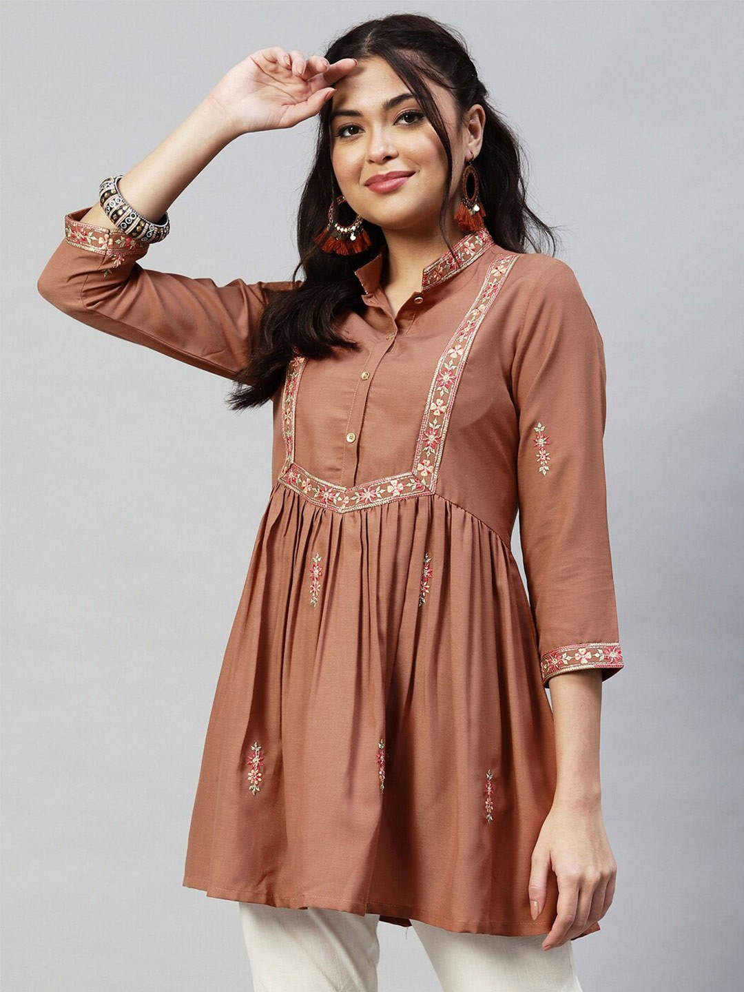 

Selvia Embroidered Mandarin Collar Top, Rust