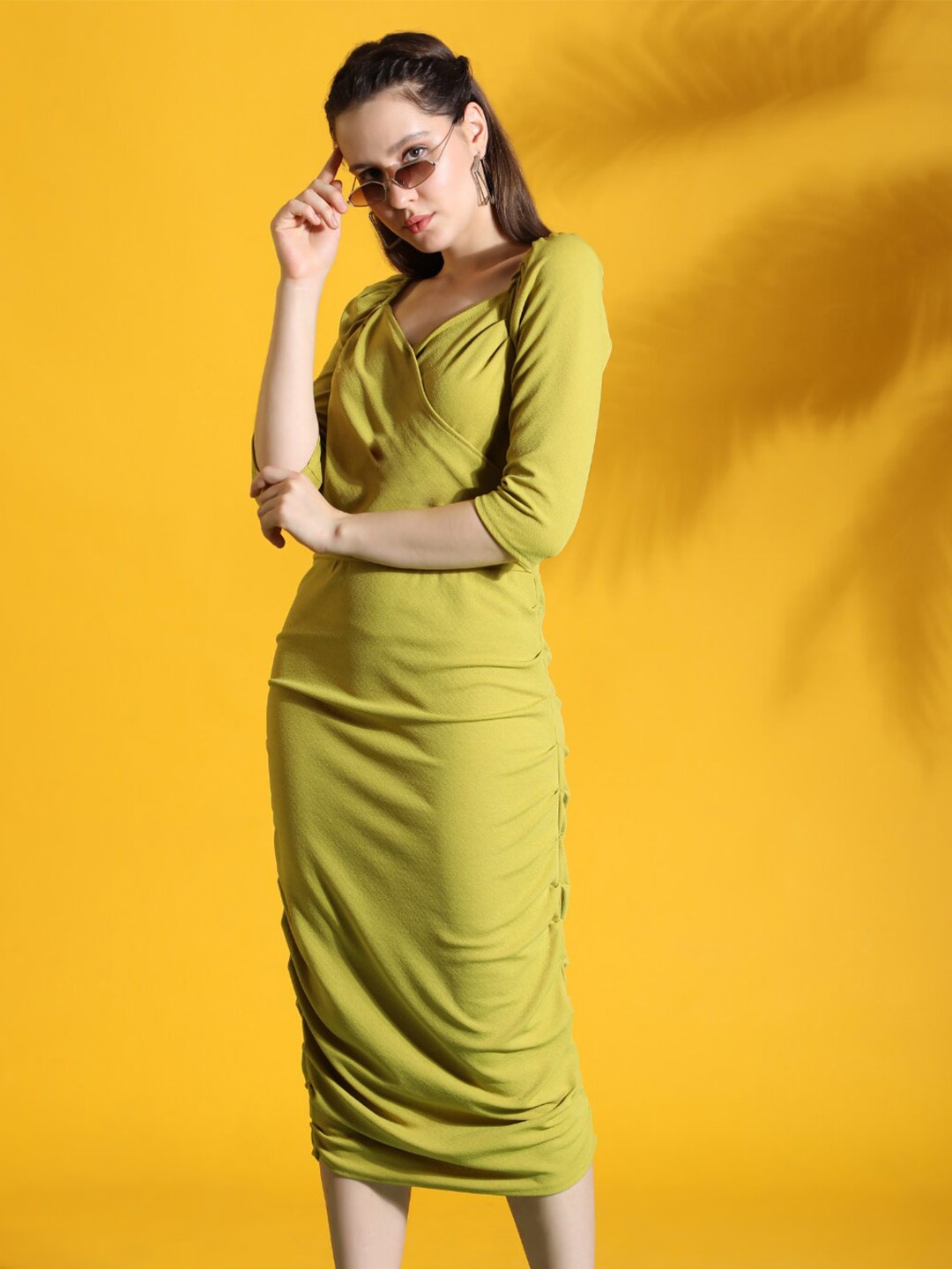 

WESTHOOD Gathered Detailed Sheath Midi Dress, Mustard