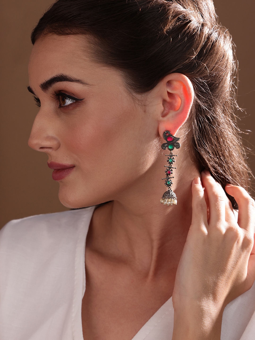 

PANASH Silver-Plated Peacock Shaped Jhumkas Earrings