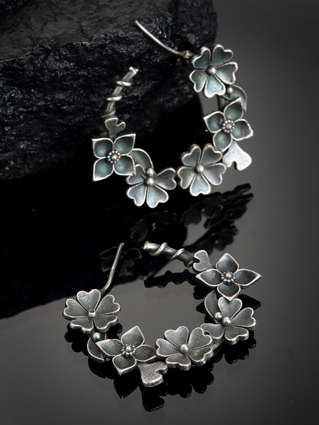 

PANASH Oxidized Silver-Toned Floral Shaped Half Hoop Earrings