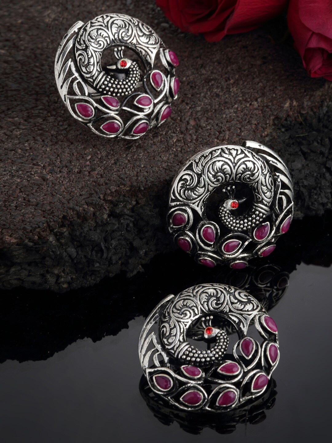 

PANASH Oxidized Peacock Shaped Studs with Finger Ring, Silver
