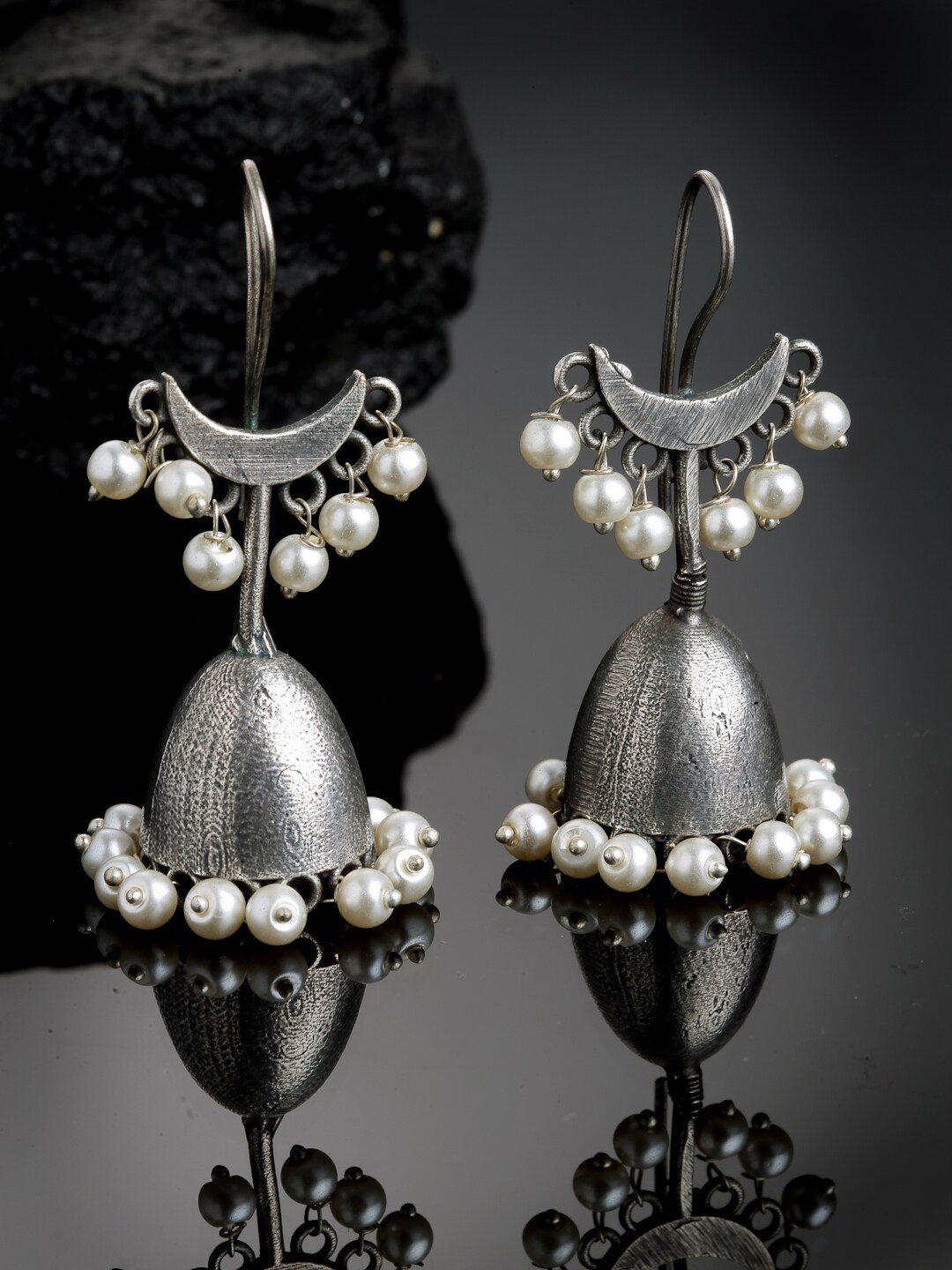 

PANASH Silver-Plated Dome Shaped Oxidised Jhumkas Earrings