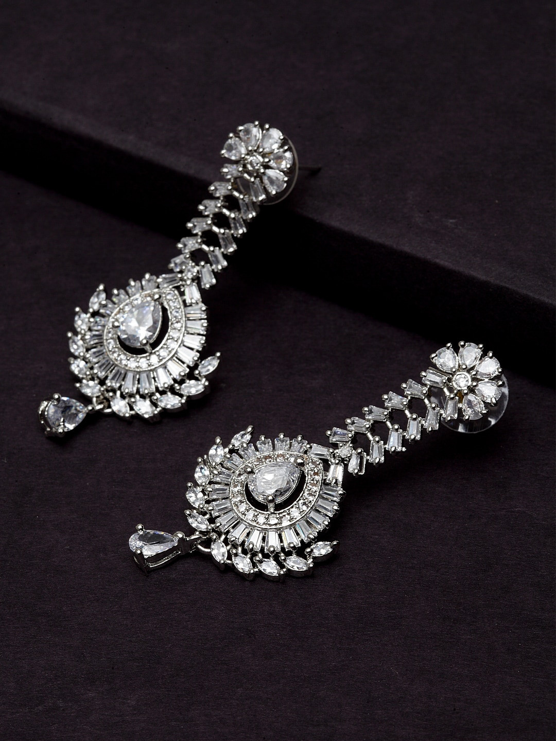 

PANASH Silver-Plated Solitaire Diamond Studded Drop Earrings