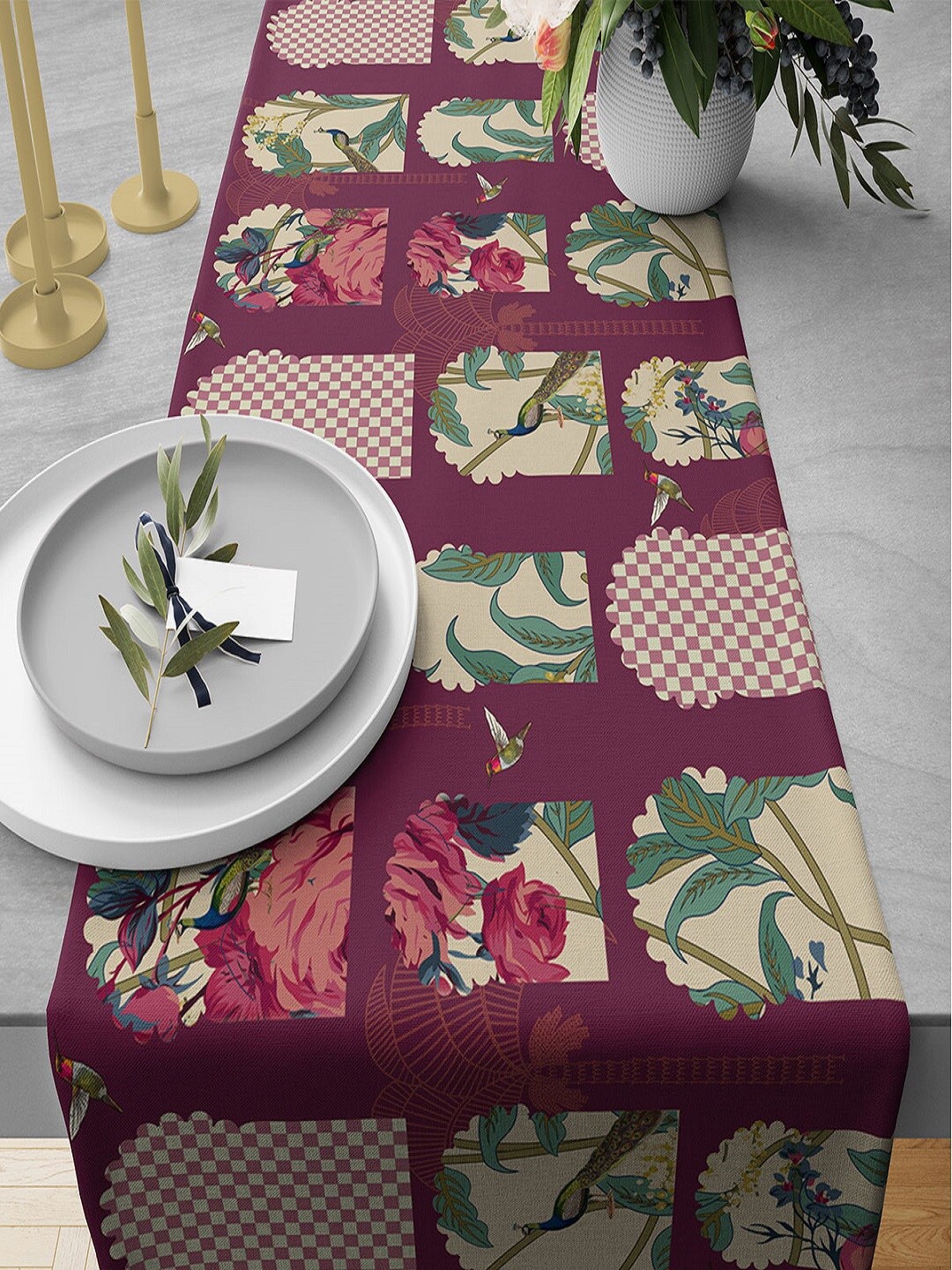

India Circus by Krsnaa Mehta Maroon 230 GSM Signature Window Printed Table Runner