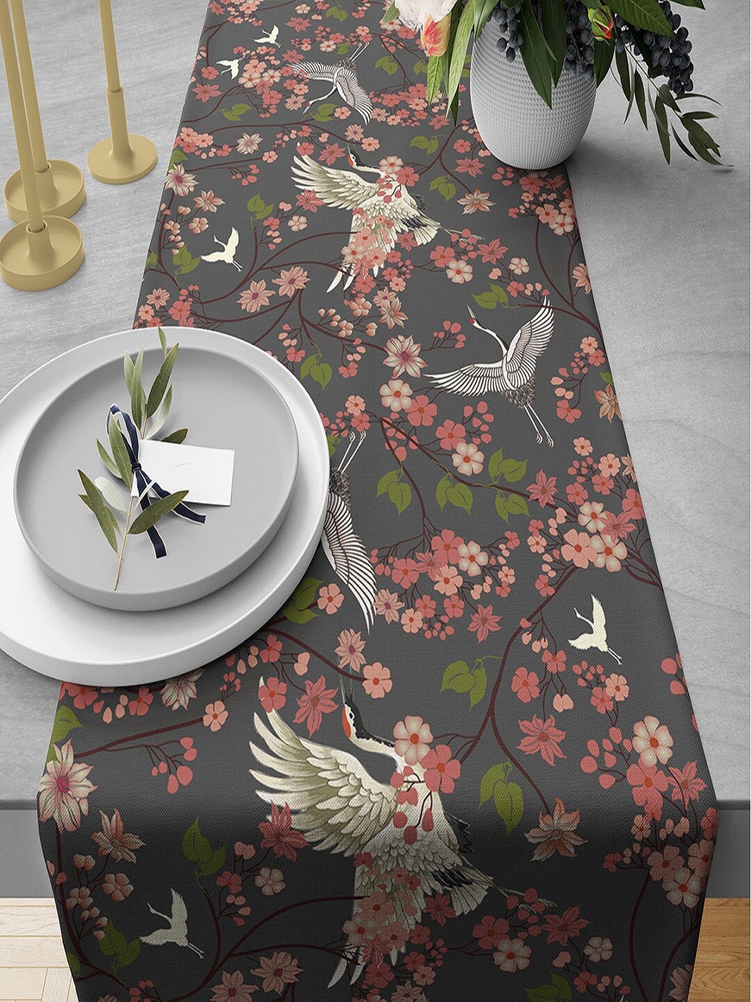 

India Circus by Krsnaa Mehta Grey & White 230 GSM Flight Of Cranes Printed Table Runner