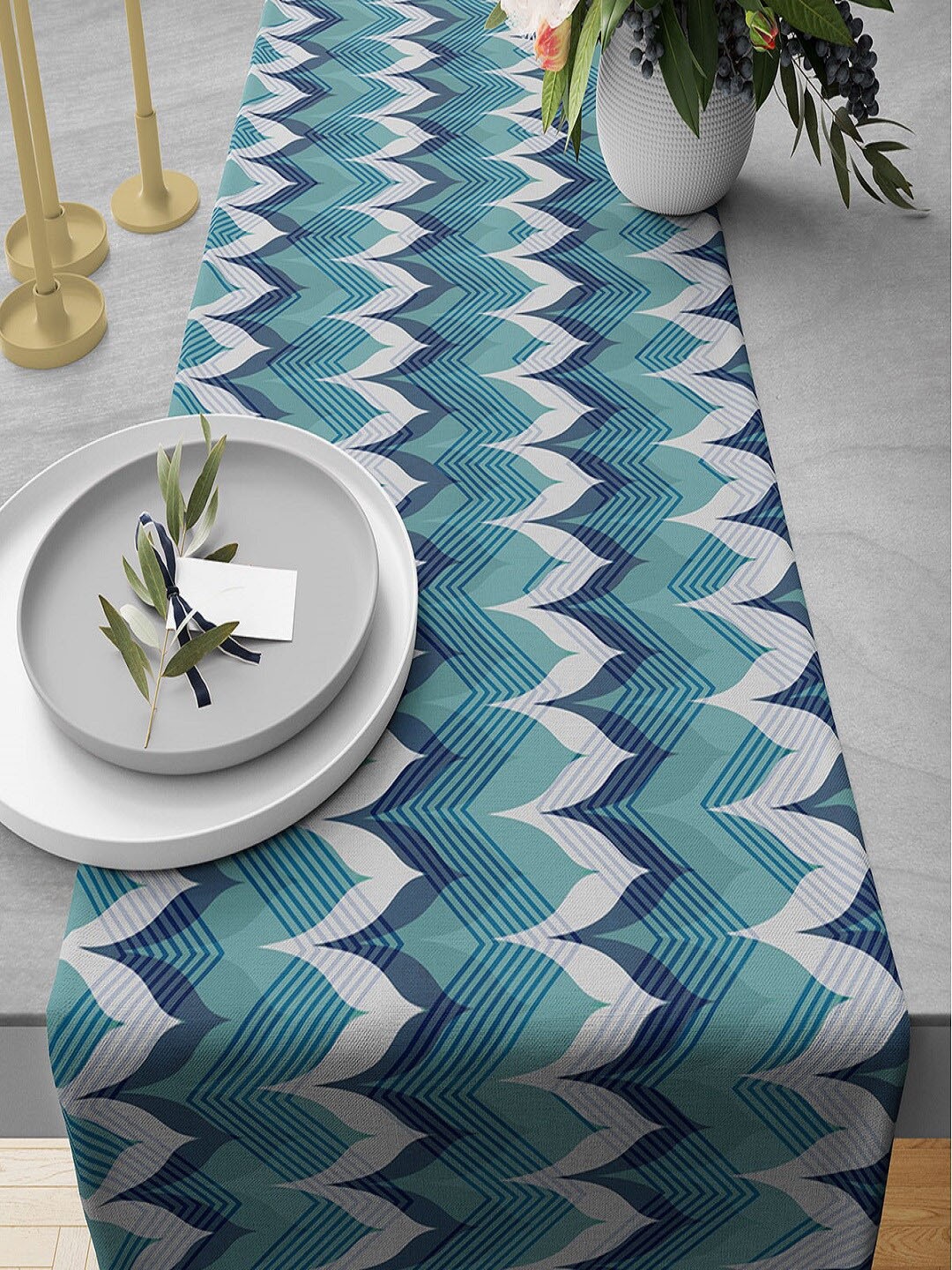 

India Circus by Krsnaa Mehta Blue & White 230 GSM Lush Emerald Bliss Printed Table Runner