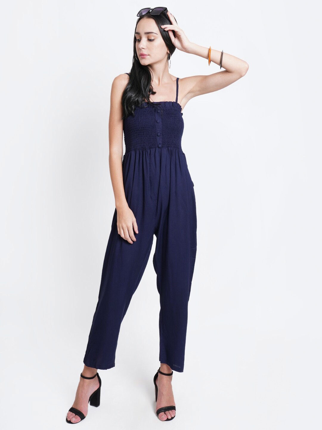 

Purple State Women Smocked Basic Jumpsuit, Navy blue