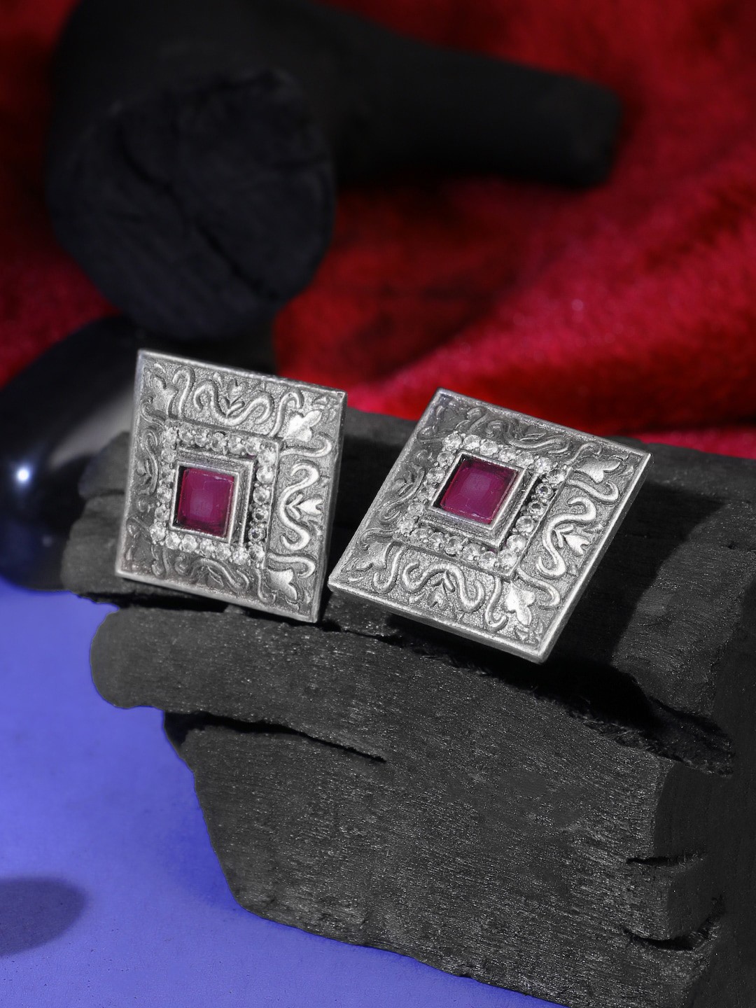 

Adwitiya Collection Silver-Plated Square Studs Earrings, Maroon