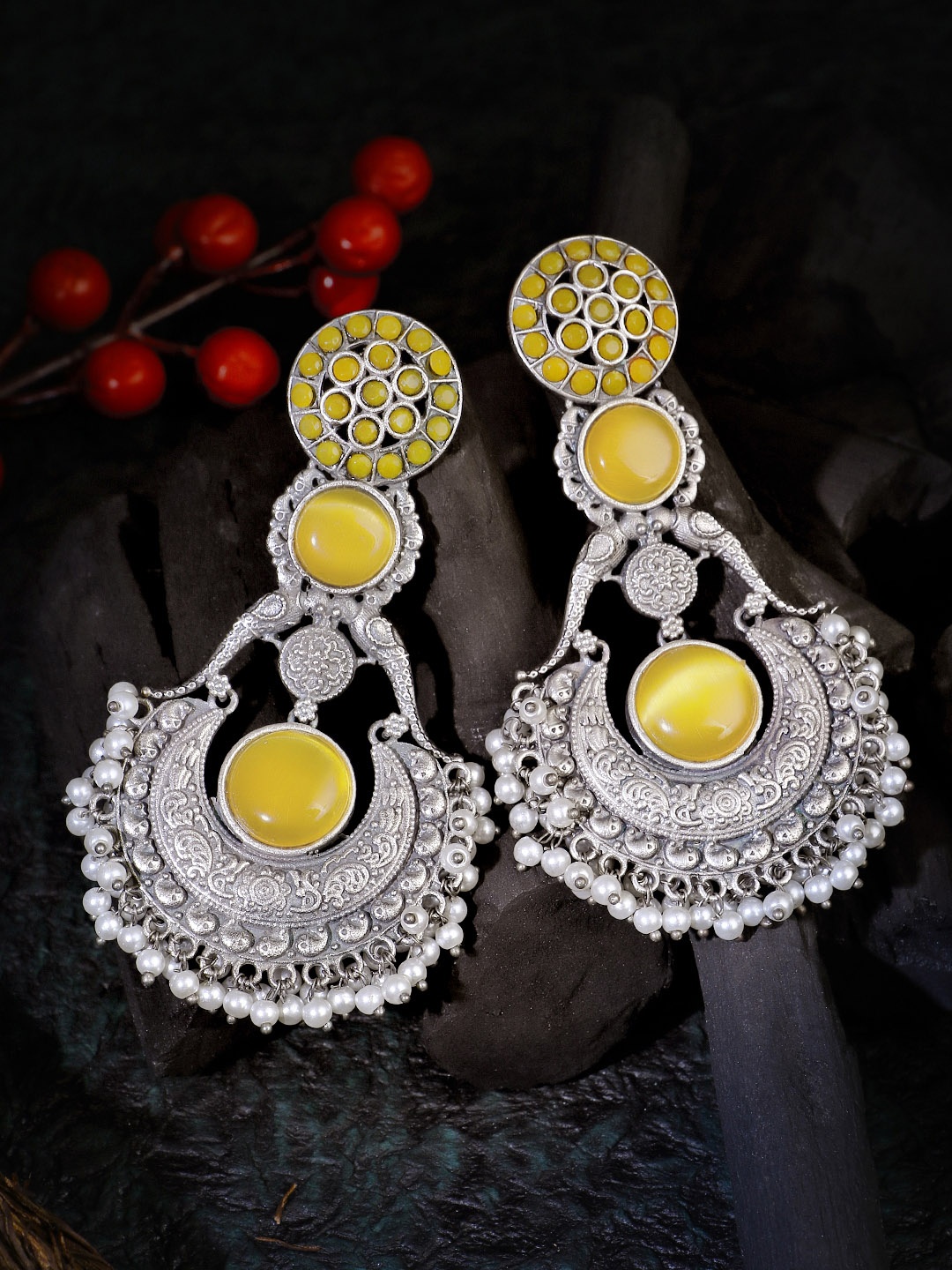 

Adwitiya Collection Yellow & Silver-Toned Classic Drop Earrings