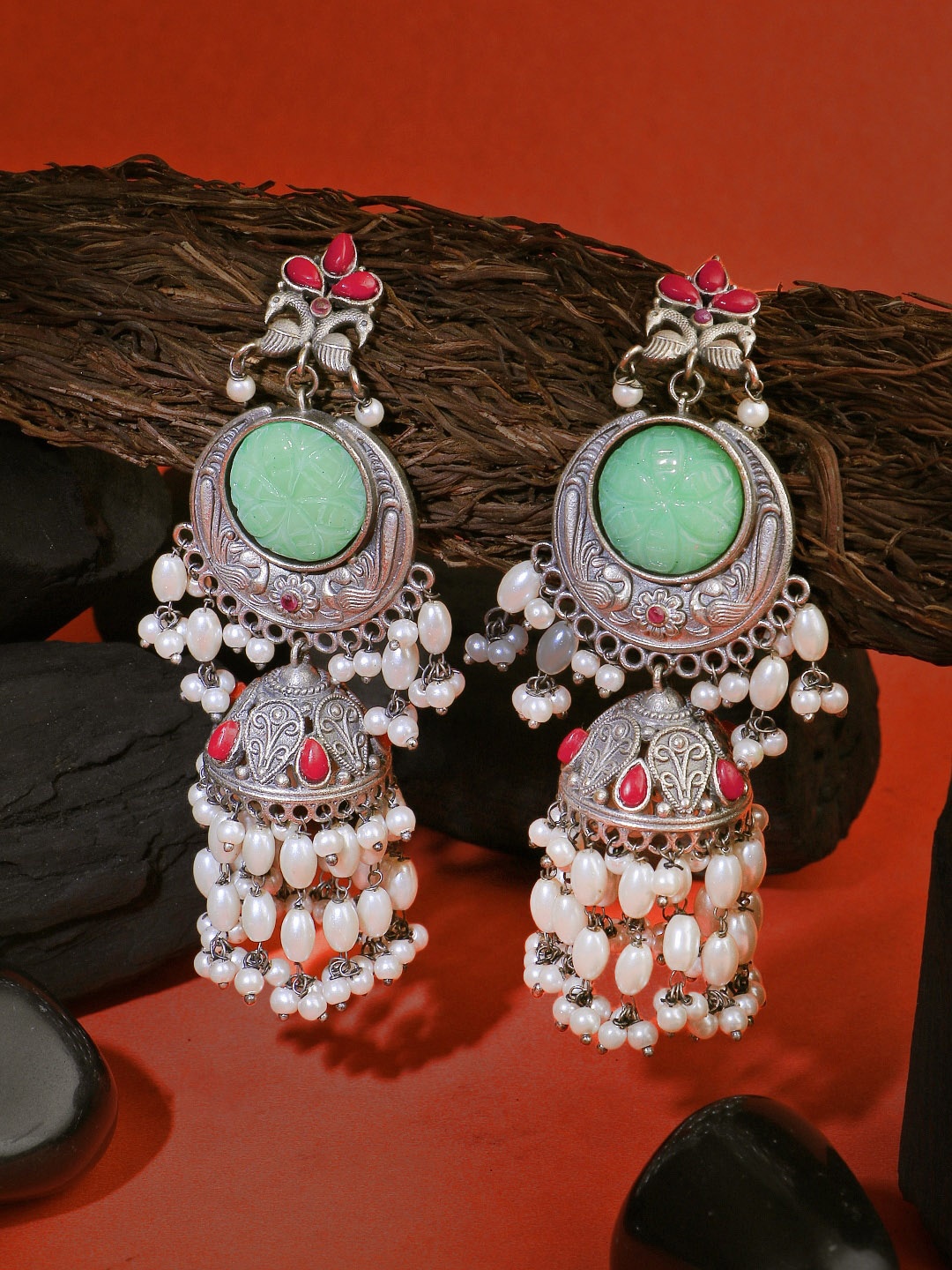 

Adwitiya Collection Women Silver-Plated Classic Jhumkas Earrings, Sea green