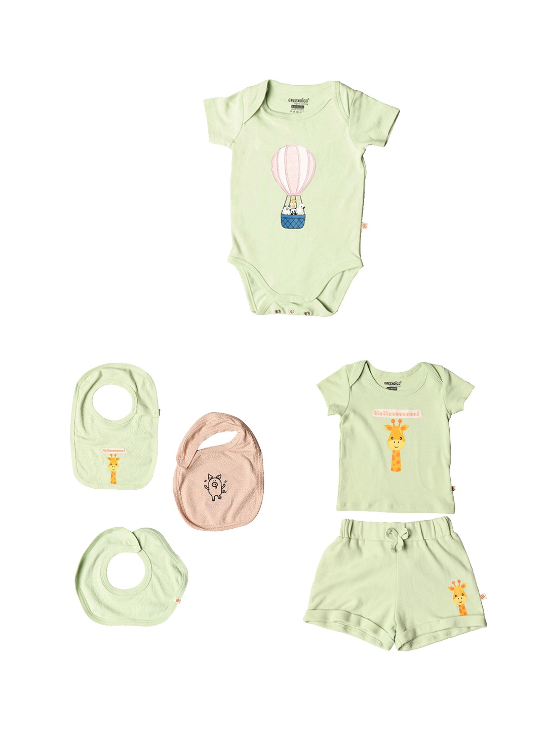 

GREENDIGO Infant Pure Cotton T-shirt, Rompers, Shorts And Set of 3 Baby Bibs Gift Set, Green