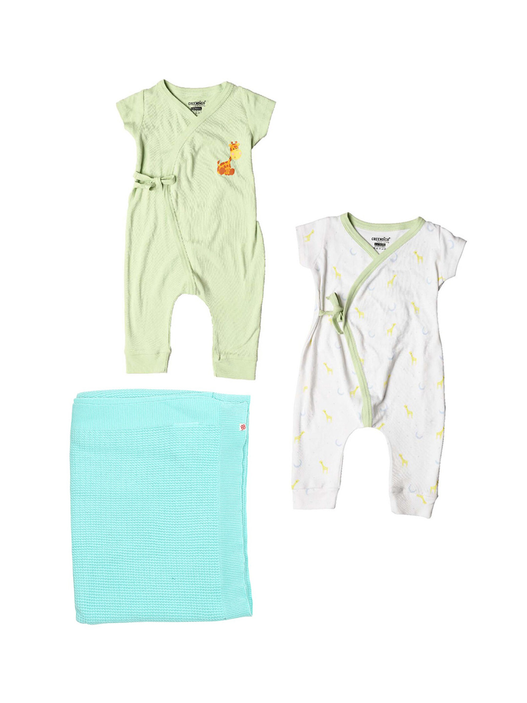 

GREENDIGO Infant Set Of 3 Bodysuit Rompers & Blanket Apparel Gift Set, White