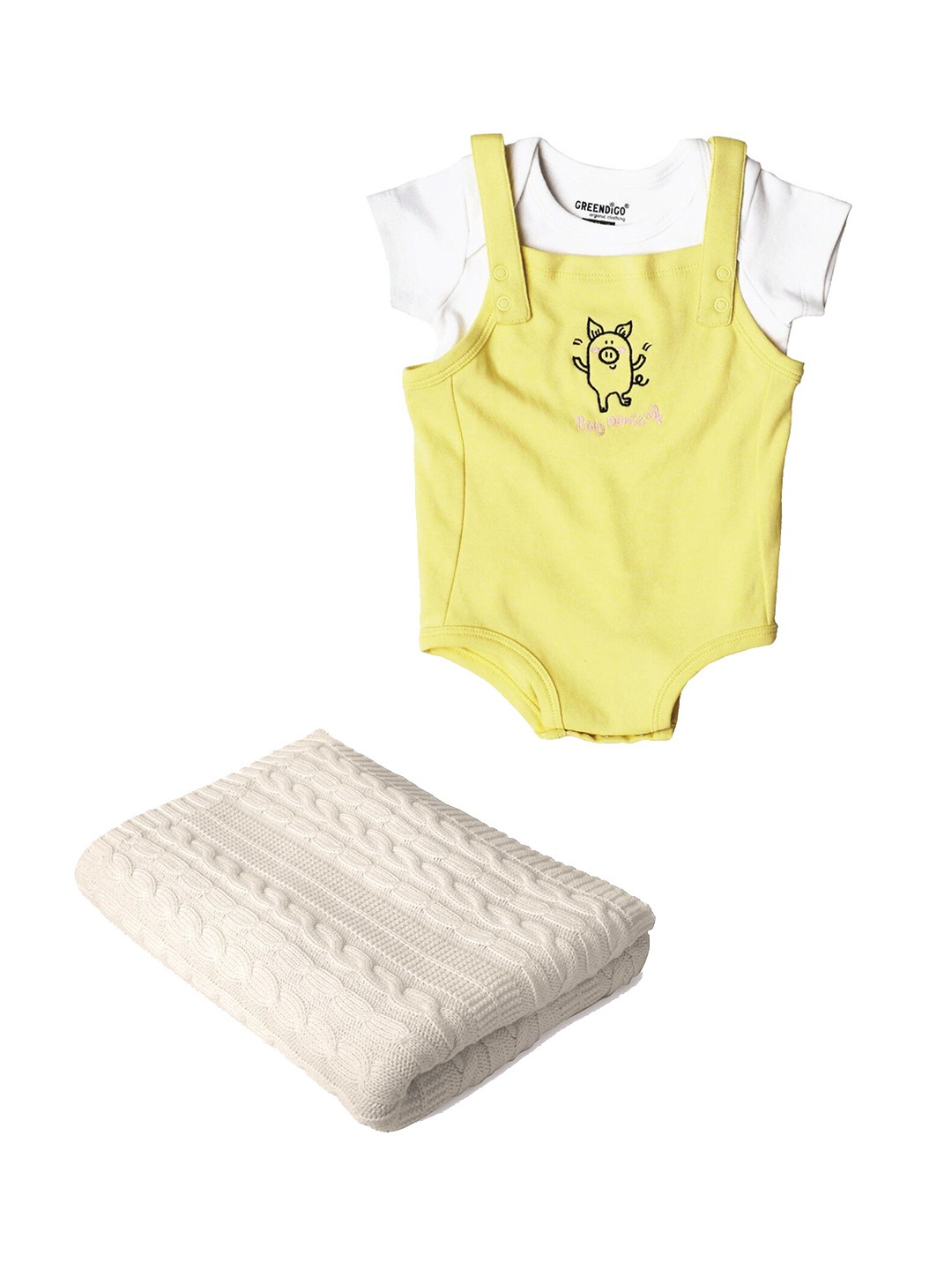

GREENDIGO Infants Organic Cotton Dungaree With T-Shirt And Blanket Apparel Gift Set, Yellow