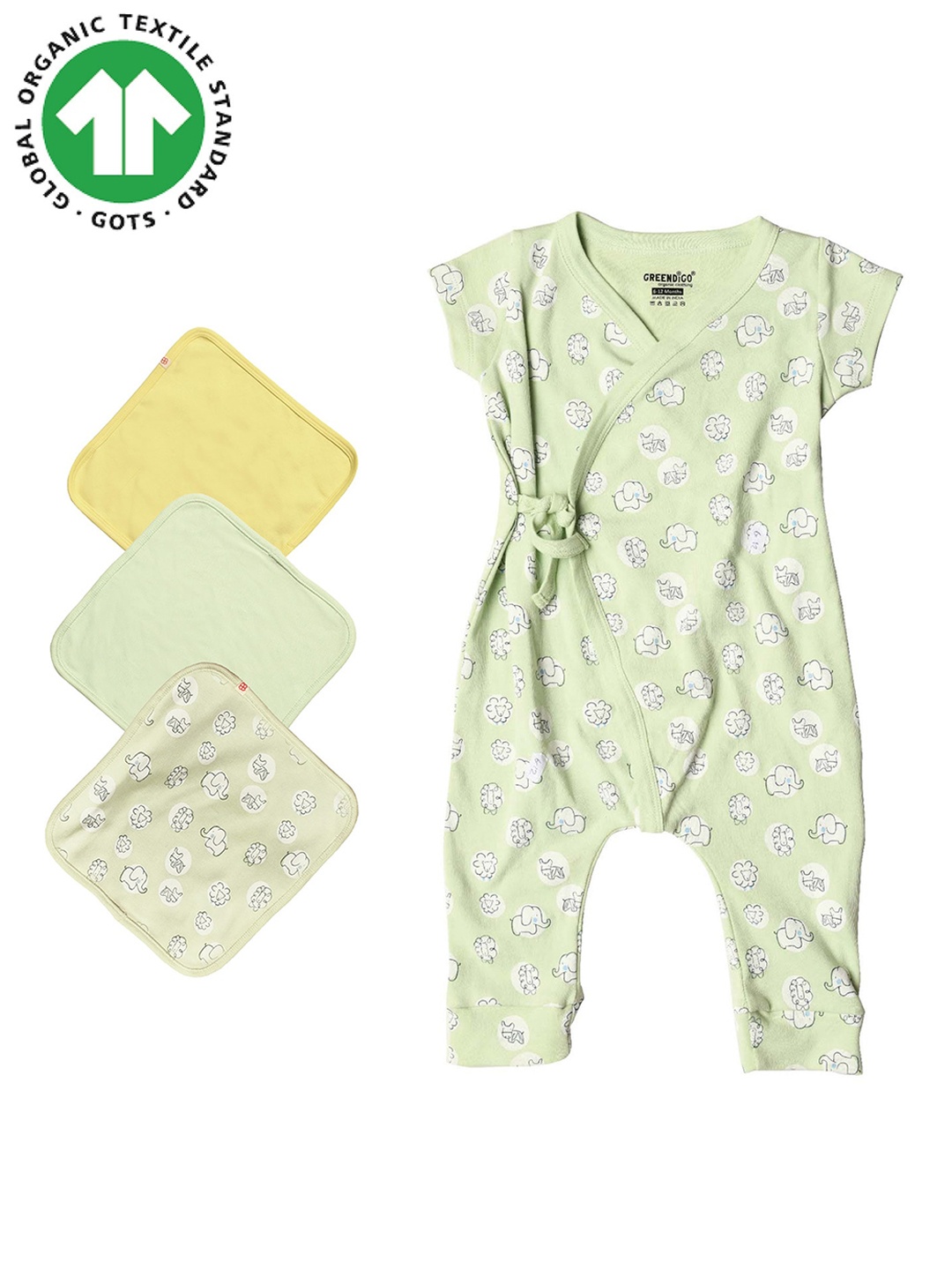 

GREENDIGO Infants Pack of 4 Organic Cotton Rompers And Burp Napkins Gift Set, Green